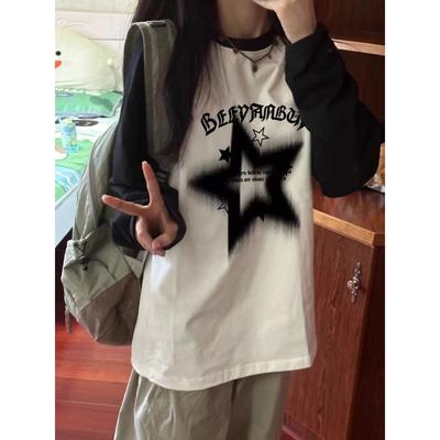 Camiseta de Manga Larga Estampada Retro Americana para Hombre y Mujer Moda de Primavera y Otoño Tendencia Casual Cómoda Top de Cuello Redondo Harajuku