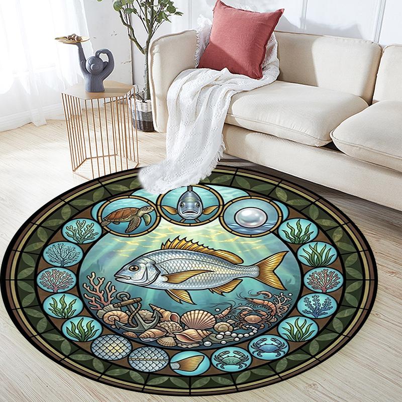 Ocean Life Symbols Round Area Rug Under Office Chairs Bedroom Living Room Home Decor