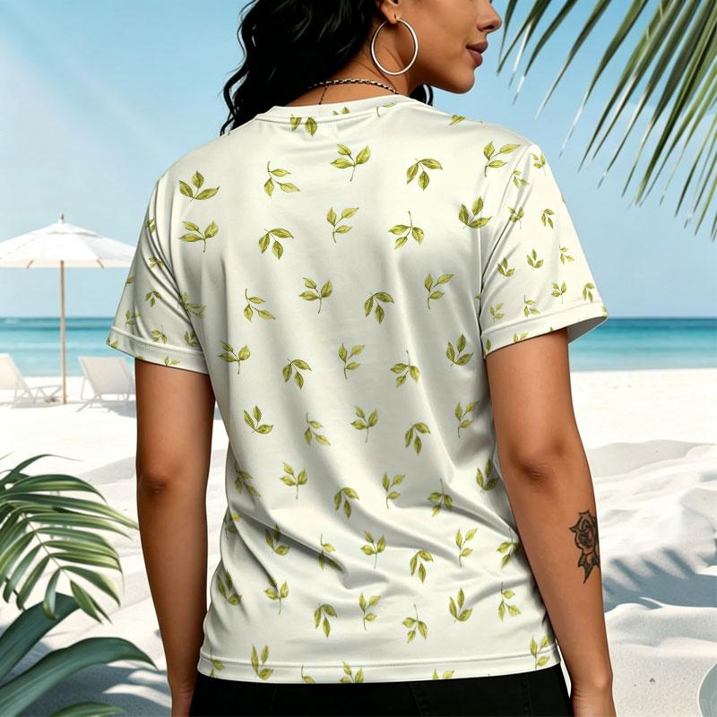 Women's Casual Short Sleeve T-Shirt Minimalist Green Leaf Print, Soft Comfy Summer Beach Tee, Perfect for Daily Wear & Work Commute