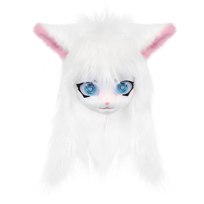 Felliger Tierkopf Katzen Fursuit Cut Maske Plüsch Katzenmaske Niedlicher Katzenkopfschmuck für Halloween Maskenbälle Cosplay Requisiten