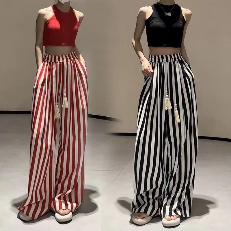 

2025 New Arrival High Waist Horizontal Bar Contrast Color Casual Straight Pants New Chinese Style Slim Looking Lace up All-Match Mop Wide Leg Pants Default
