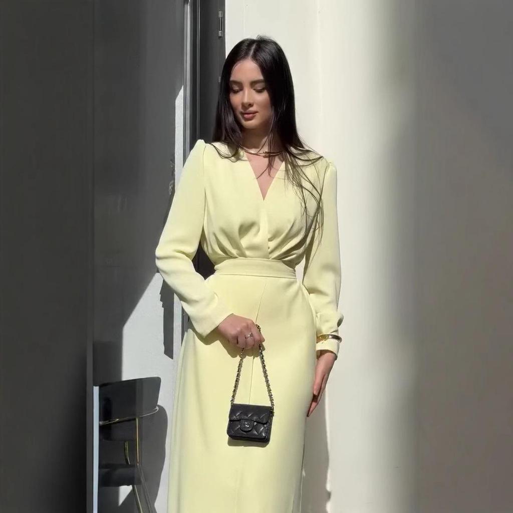 V-Neck Long-Sleeve Waist-Slimming Irregular Dress