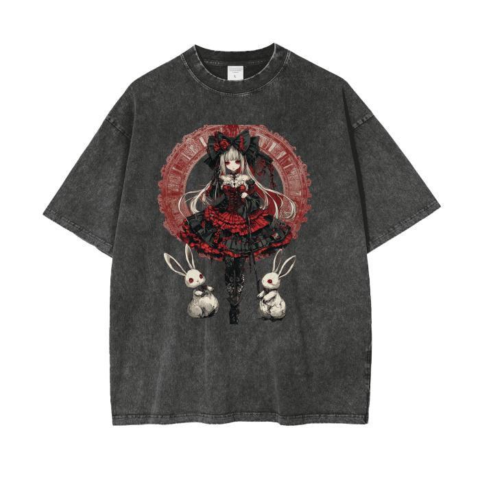 Gothic Red and Black Lace Bow White Long haired Anime Renassiance Lady Long Eared Bunny Rabbit Grunge Acid Wash Oversize Tee Shirt