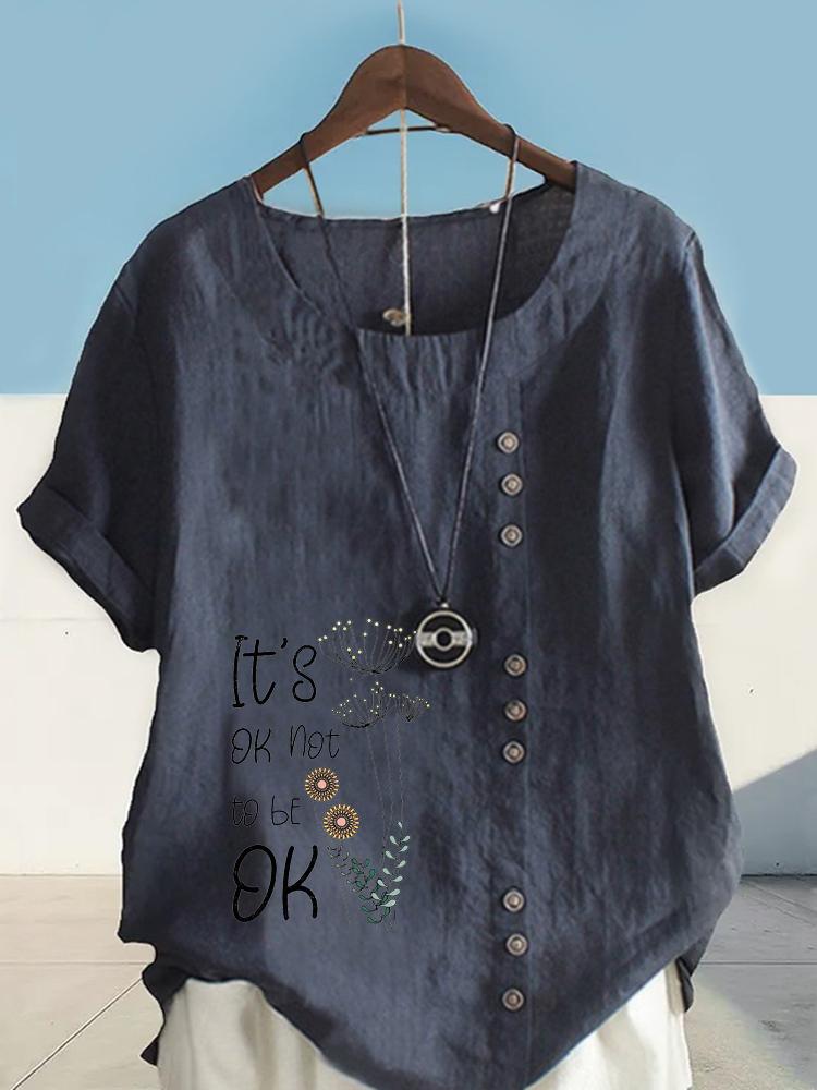 Women's Fashion Flowers and Dandelion Letters Print Round Neck Short Sleeve T-shirt Casual Cotton Linen Graphic Shirt Leisure Loose Summer Blouse Tops