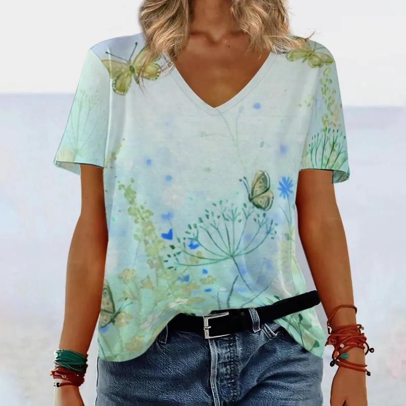 

Модная женская футболка с V-образным вырезом и короткими рукавами с 3D цифровой печатью в цветочный принт M