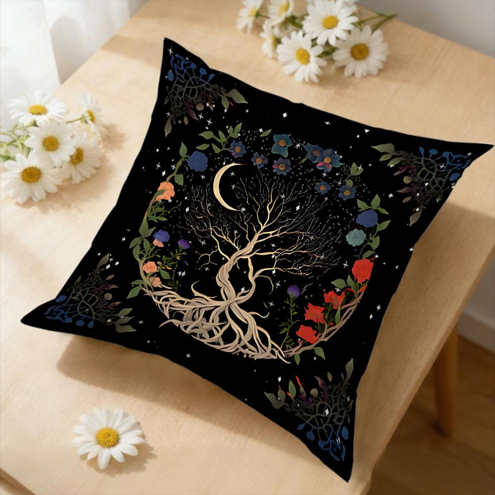 1Pc Mystical Tree Of Life Cushion Cover Black Floral Moon Print Pillowcase For Sofa Bed Decorative Throw Case Home Living Room