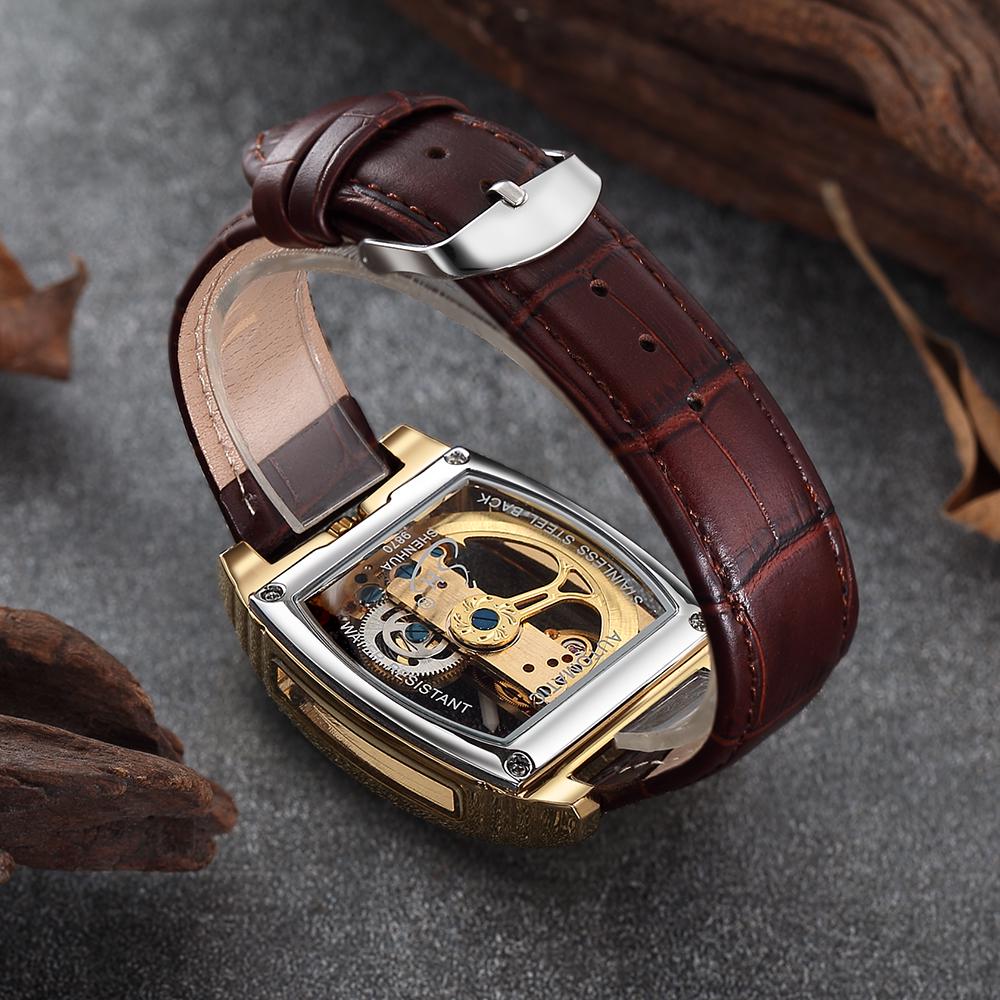 SHENHUA Mens Watches Top Brand Luxury Automatic Mechanical Transparent Skeleton Bridge Watch Leather Belt Wristwatch Male Clock