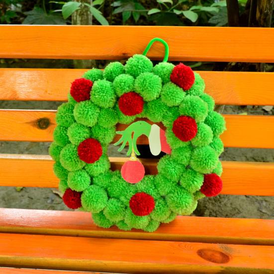 13 Inch Christmas Green Elf Wreath for Front Door Plush Pompom Ball Wreath with Wooden