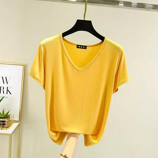 Women's Plus Size V-Neck Modal T-Shirt - Short Sleeve, Loose Fit, Thin Layer, Korean Style