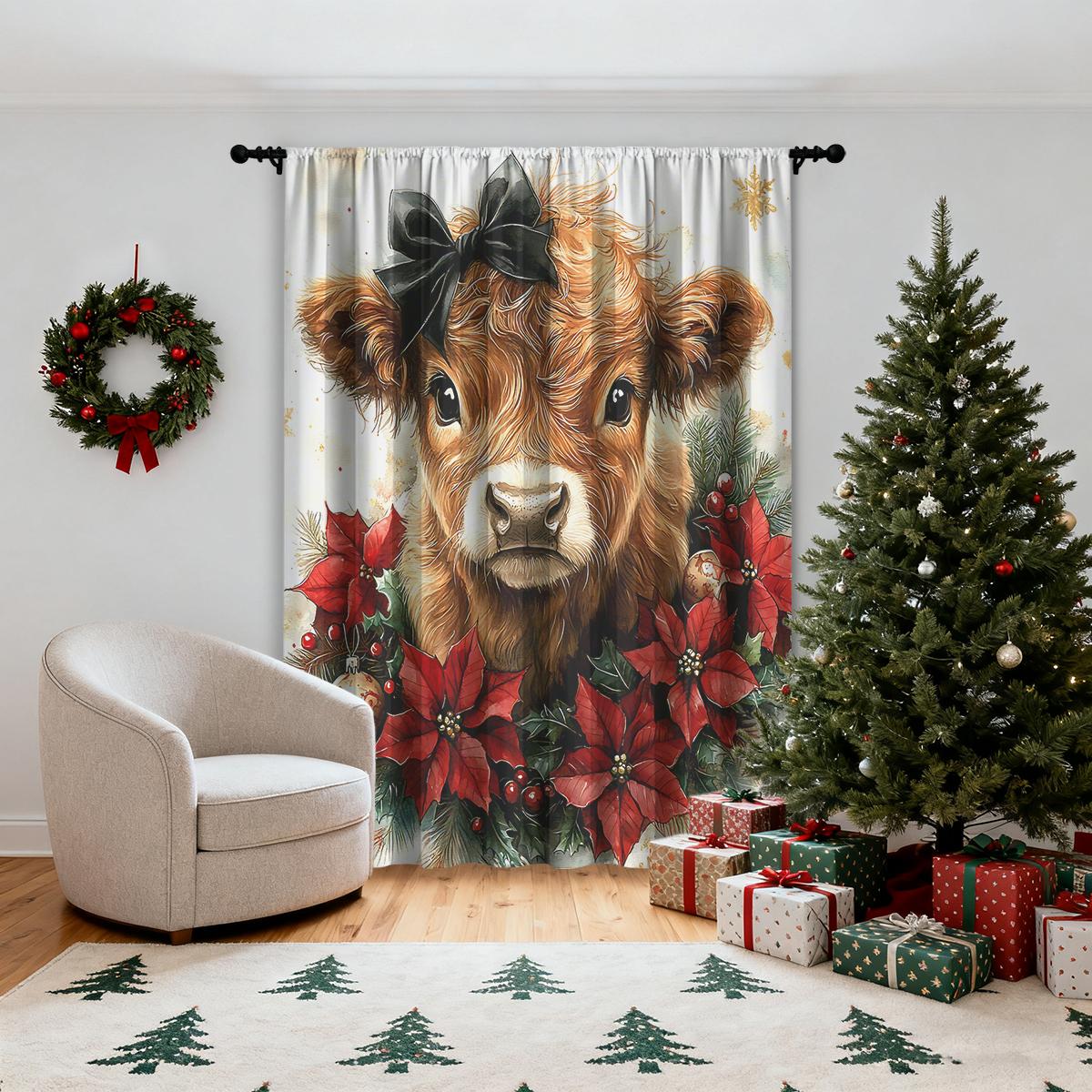 

Single Panel Christmas Decorative Curtain Tiebacks Made Polyester Fiber Design Suitable Holiday Parties Winter Celebrations Decorations With Rod W100*H70(CM)-Grommet top&2PCS