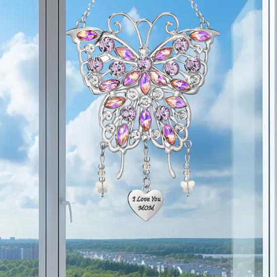 Rhinestones Butterfly Sun Catcher Metal Wind Chime with "I Love You Mom" Heart Handmade Gift for Mother's Day