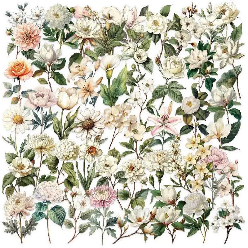 50Pcs Waterproof Decals Retro Long Branch Flower Plastic Stickers Luggage Manual Material Retro Flower Decoration