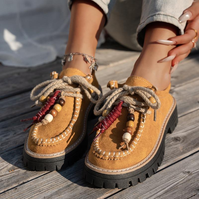 Women's Spring Beaded Lace-Up Round-Toe Suede Retro Loafers, Casual Comfort Footwear, Available In Large Sizes.