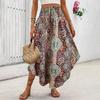 Boho Skirt Elastic High Waist A-Line Skirt Boho Adjustable Lace-up Retro Printed Loose Fit Slimming Skirt