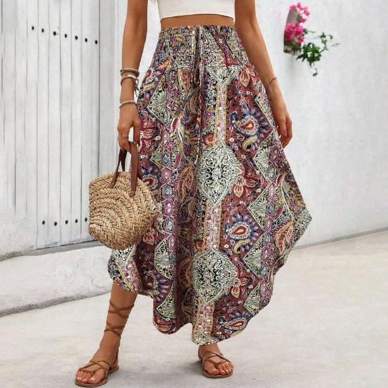 Boho Skirt Elastic High Waist A-Line Skirt Boho Adjustable Lace-up Retro Printed Loose Fit Slimming Skirt