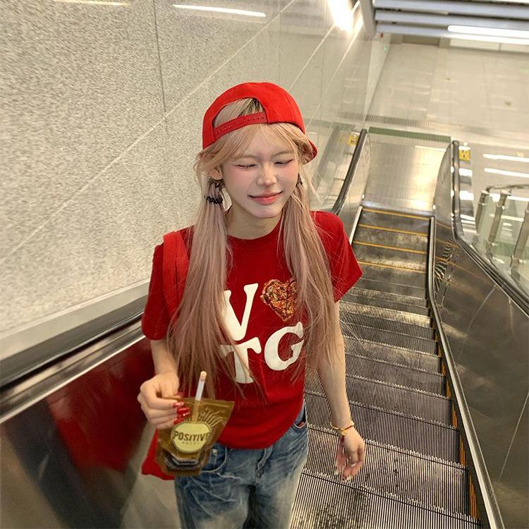 

2025 Women’s Retro Pizza Print Cotton T-Shirt, Slim Fit, Short Sleeve Medium вина червоного кольору