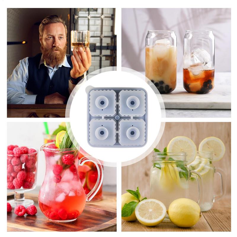 Ice Tray Silicone 4-Cavity Silicone Square Chilling Cube Maker Tray Portable Non-Stick Ice Maker Mold With Funnel Lid For