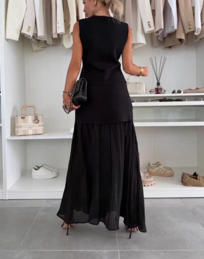 2025 Damen Sommer Schlankmachende Strickweste & Raffung Tüll Patchwork Langes Kleid Set