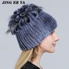 Winter Women's Warm Fashion Beanie Knitted Hat Real Rex Rabbit Fur Hat Knitted with Side Flower Russia Hat