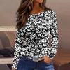 Maglietta da donna alla moda casual con spacchi sul fondo, scollo rotondo, manica lunga, ampia, stampata