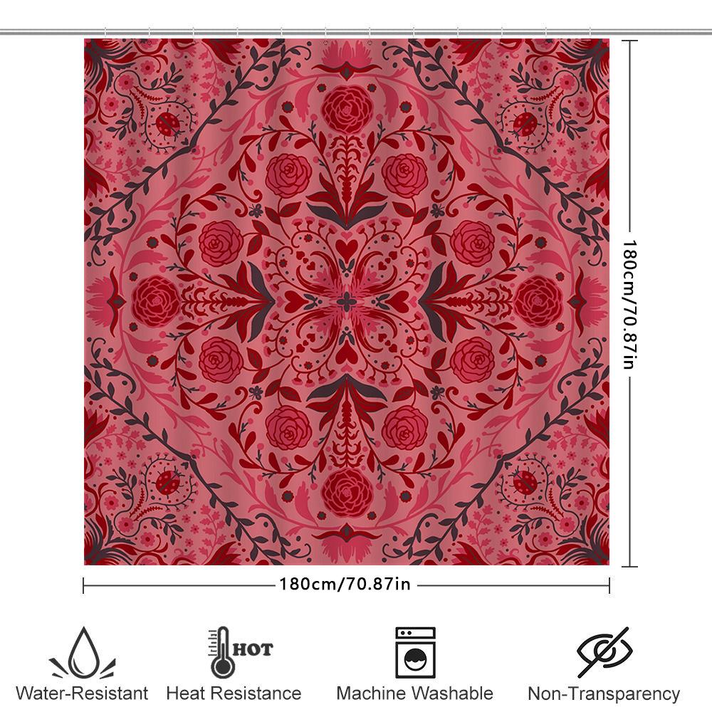 Red Floral Shower Curtain With Ladybug Pattern Waterproof Bathroom Decoration For Home Decor Kitchen Linen