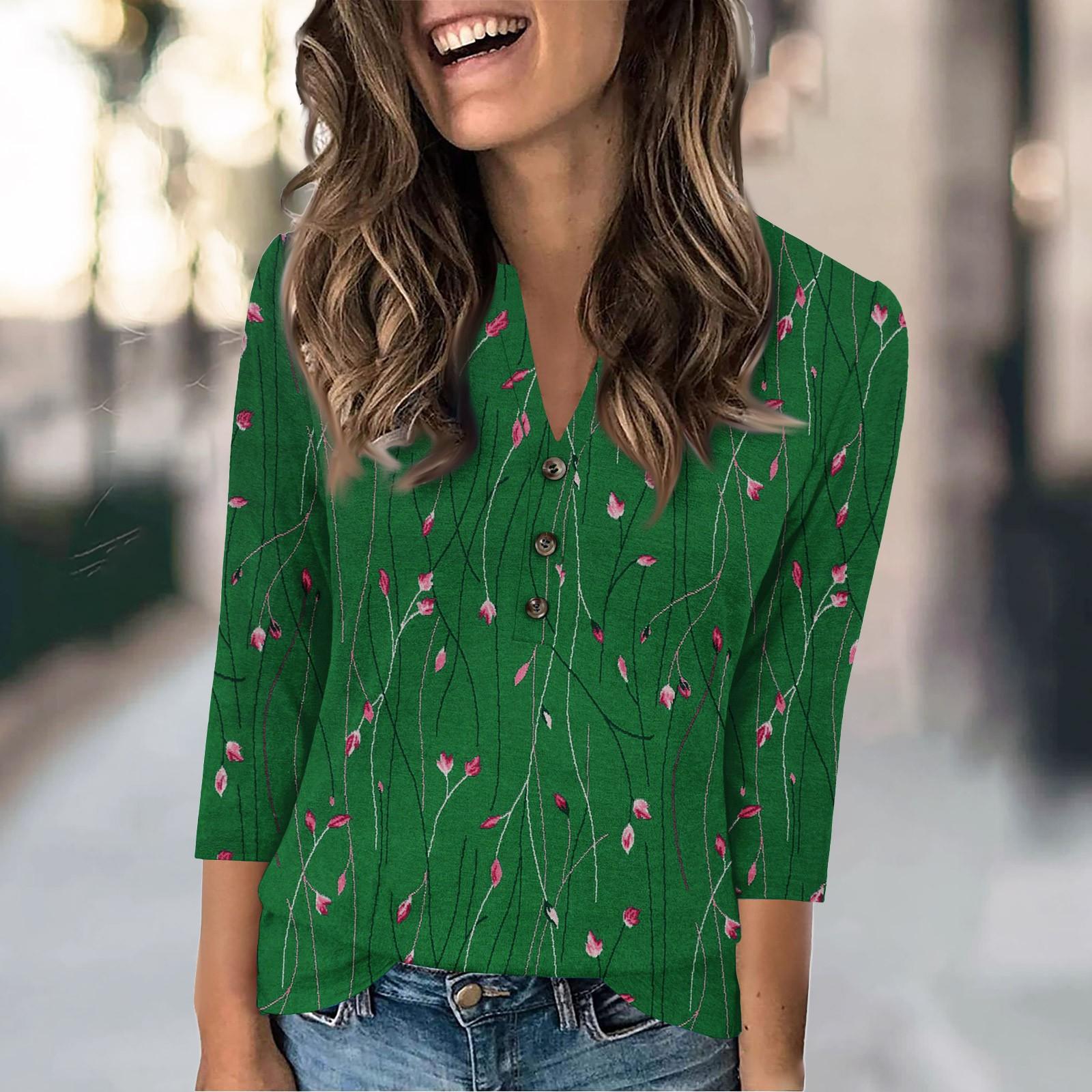 

Женская модная повседневная футболка с винтажным цветочным принтом и V-образным вырезом, рукавом 3/4, на пуговицах L