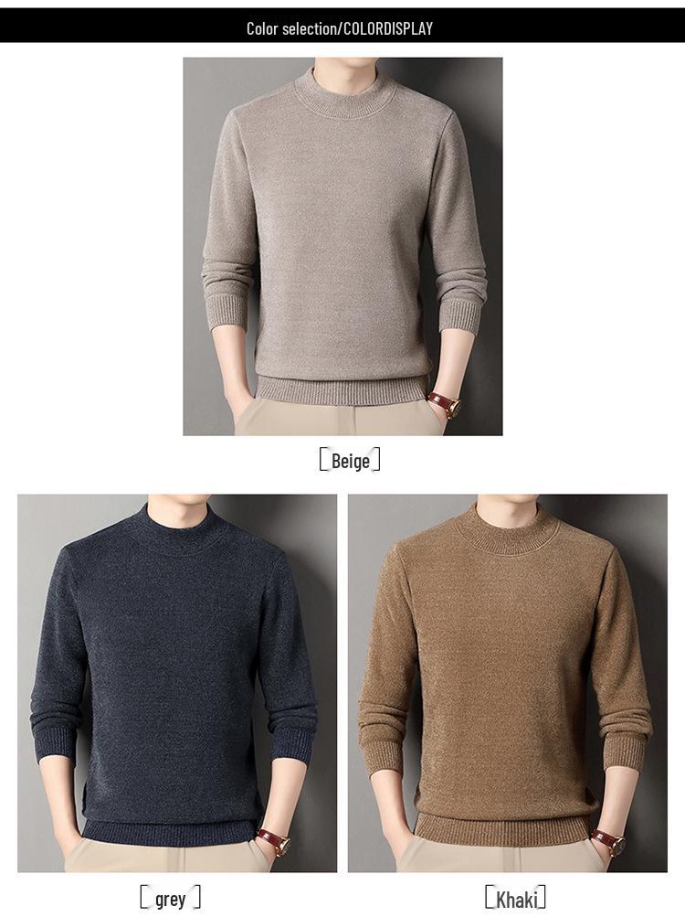 Men's Thick Plush High Neck Sweater - Pure Color Knit for Winter Warmth