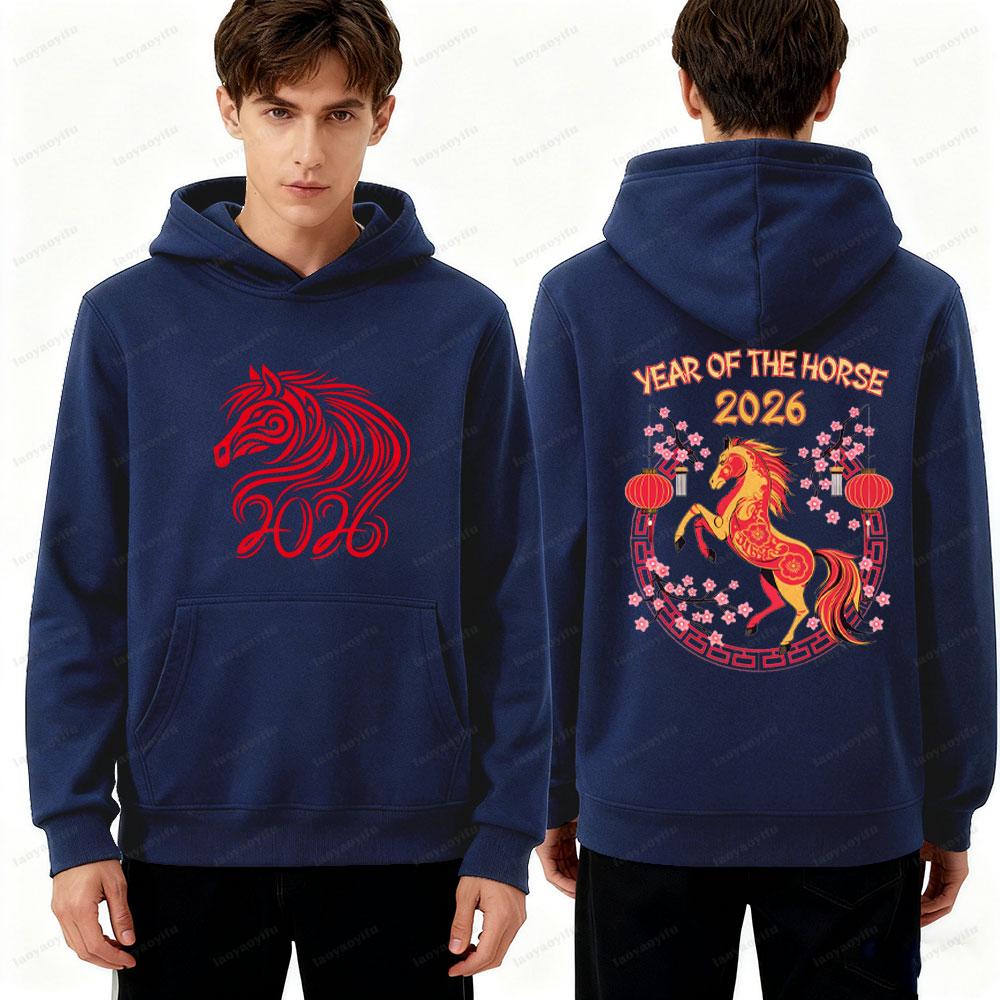 Men Double-Sided Hoodie 2026 Chinese New Year Fire Horse Pattern Sweatshirt Streetwear Clothing for Men Year of the Horse Them