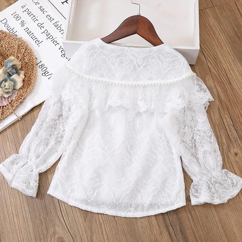 Girls Spring and Summer Solid Color Lace Long Sleeve T-shirt Cute Fresh Thin Section Pullover Tops