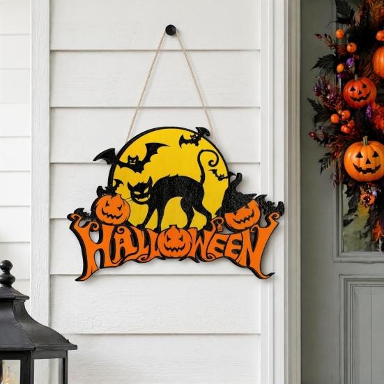 Party Supplies for Halloween Wood Door Hanger Sign, Pumpkin And Black Cat Printed, with Hemp Indoor Holiday Plaque Rope Lanyard, Decorative Wall