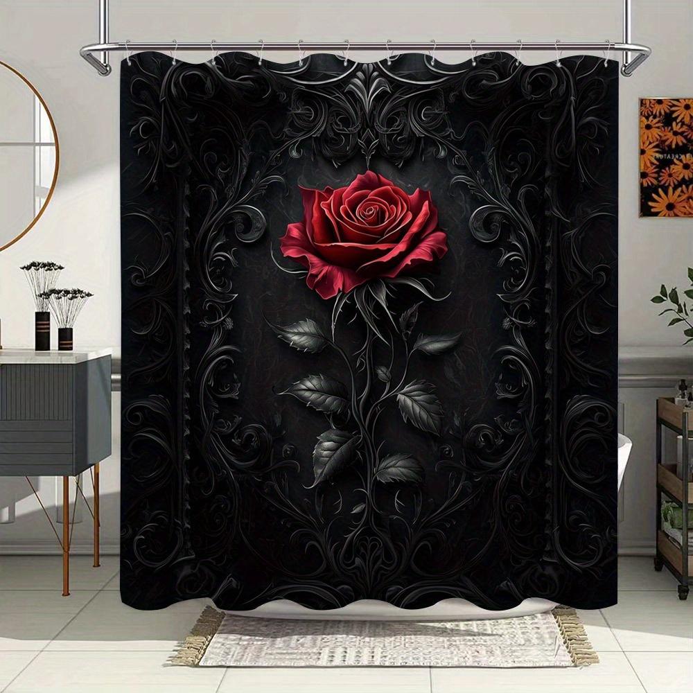 

Gothic Red Rose Shower Curtain - Elegant Black Polyester, 3D Floral Design, 12 Hooks, Dramatic Ornate Decor W140xH180cm