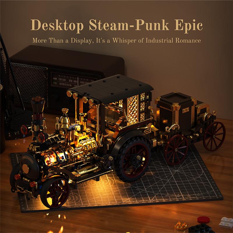 Retro Mechanical Steam Cars MOC Building Blocks Steampunk Locomotive Train Model Bricks Toys Desktop Decoration Adult  Gifts