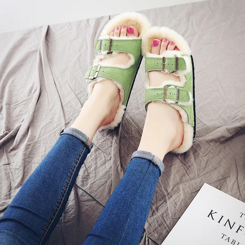 Fashion Women's Shoes Autumn Winter New Woolen Cork Women's Slippers Men's Women's Wool Half Slippers Plus Plush Cork Slippers Outside