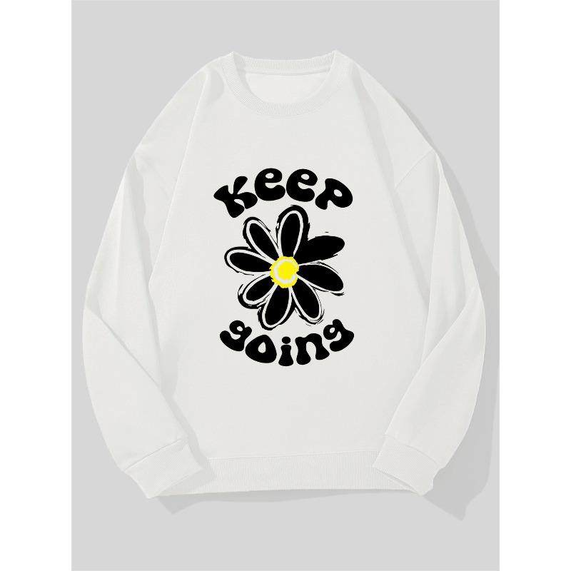 Men's Keep Going Daisy Print Casual Crew Neck Sweatshirt, Casual Sporty Pullove, Simple and Elegant, Smooth, Soft, Sweat-Absorbent, Comfortable,