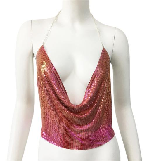 

Сексуальный топ-майка женский на бретельках через шею без рукавов с блестящими пайетками однотонный на подтяжках летний сверкающий топ-майка красный