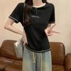 Front shoulder short-sleeved t-shirt women's new summer loose letter embroidery design sense niche contrasting color round neck top