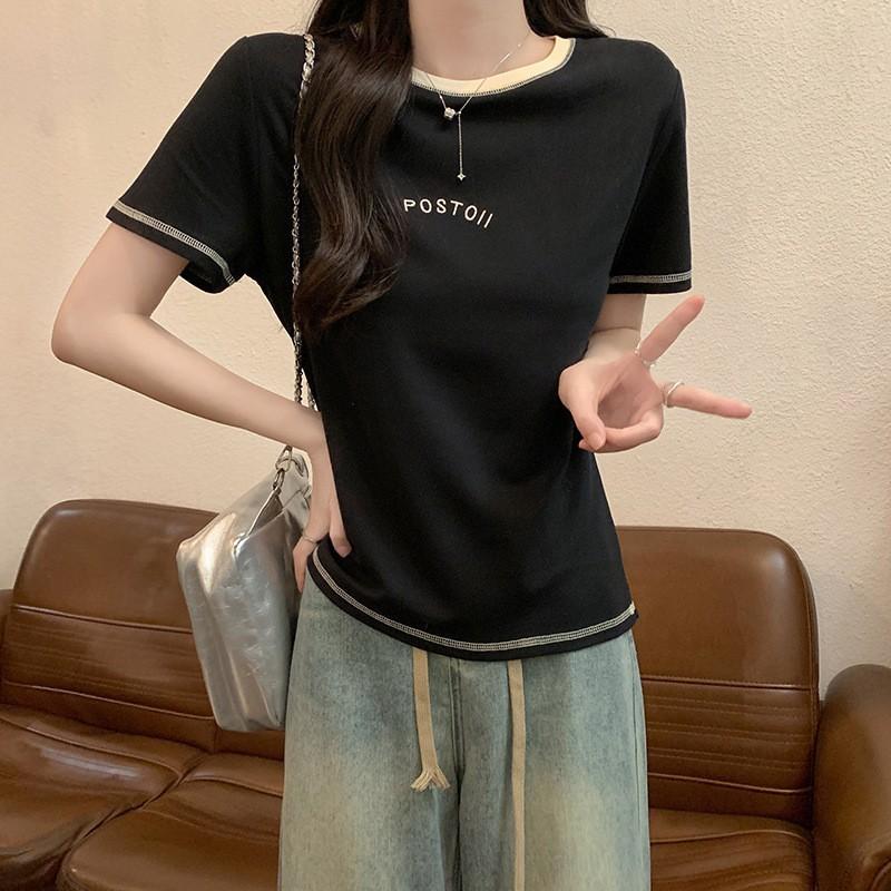 Front shoulder short-sleeved t-shirt women's new summer loose letter embroidery design sense niche contrasting color round neck top