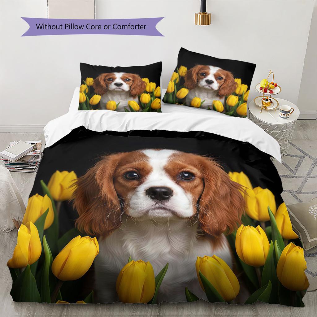 Flowers and dogs Pattern Bedding Quilt Set Quilt Cover Pillowcase Home Decoration Birthday Gift (1 * duvet cover + 2 * pillowcase, without core)