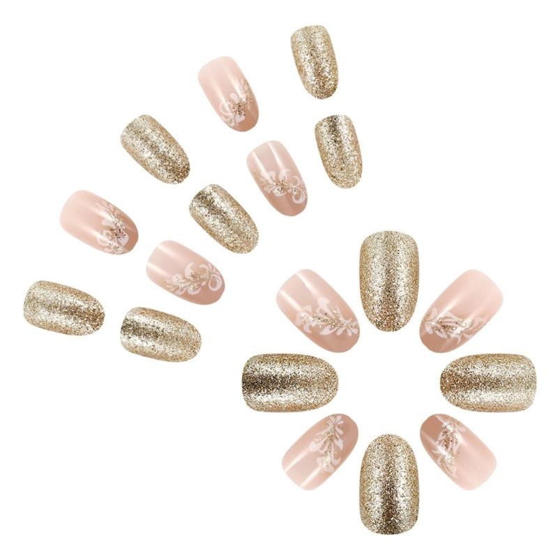 24 Pcs Sweet Flowers False Nail Fashion Artificial Nail Glittering Full Cover Stick on Nail Short Oval Press On Nail
