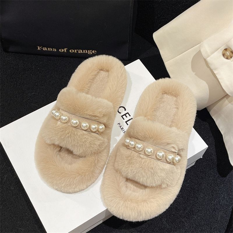 Pearl Mao Mao slippers women's outer wear spring and autumn 2025 autumn and winter new Mao Mao beaded non-slip one-word Mao tows ins