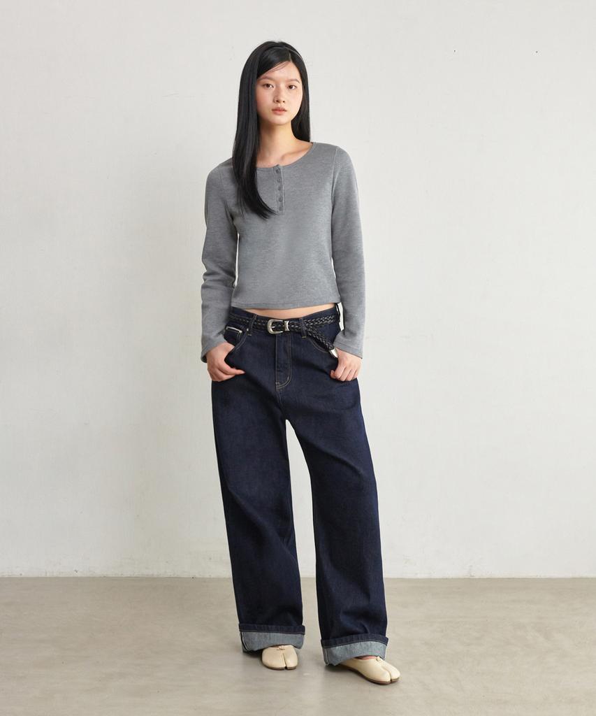GLW [W] Steady Waffle Slim Henley Neck T-Shirt Gray