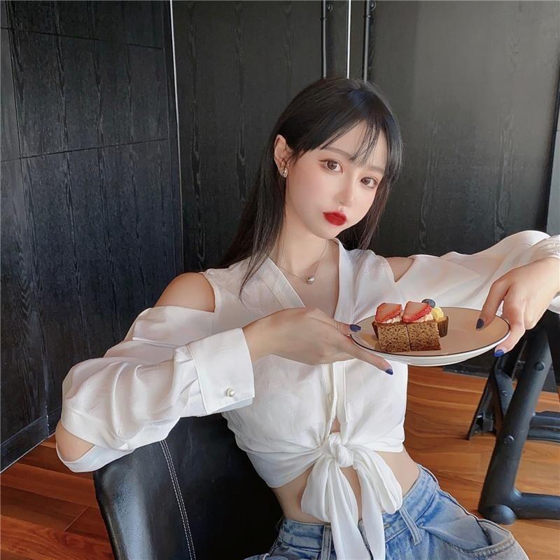 WTEMPO Off Shoulder Women Shirt Sexy V-neck Short French Style Chic Long Sleeve Shirt StreetWear Casual Top Blouse Women