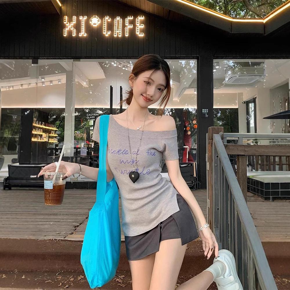 Modal Off-Shoulder Buchstabenprint Kurzarm Damen Schlankmachendes Sommeroberteil