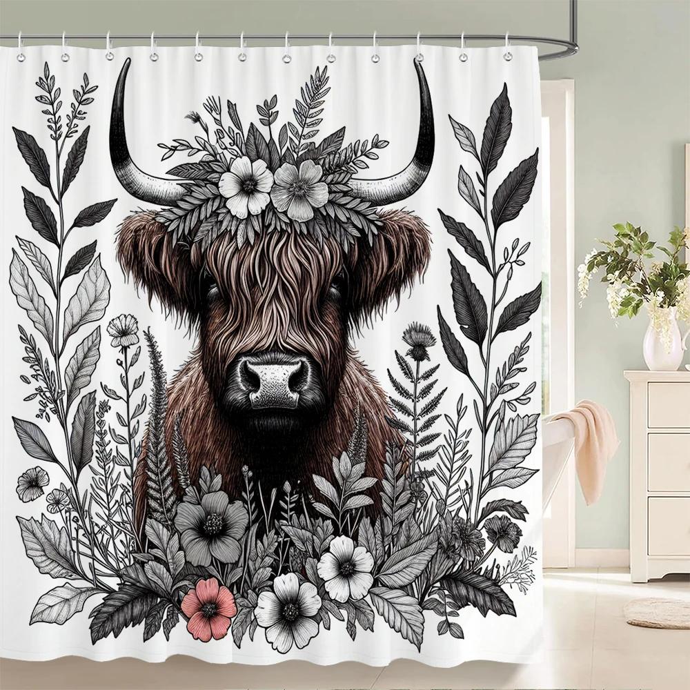 Watercolor Plants And Highland Cow Animal Shower Curtain Print Polyester Waterproof Bathroom Curtains With Hook Decorate Curtain