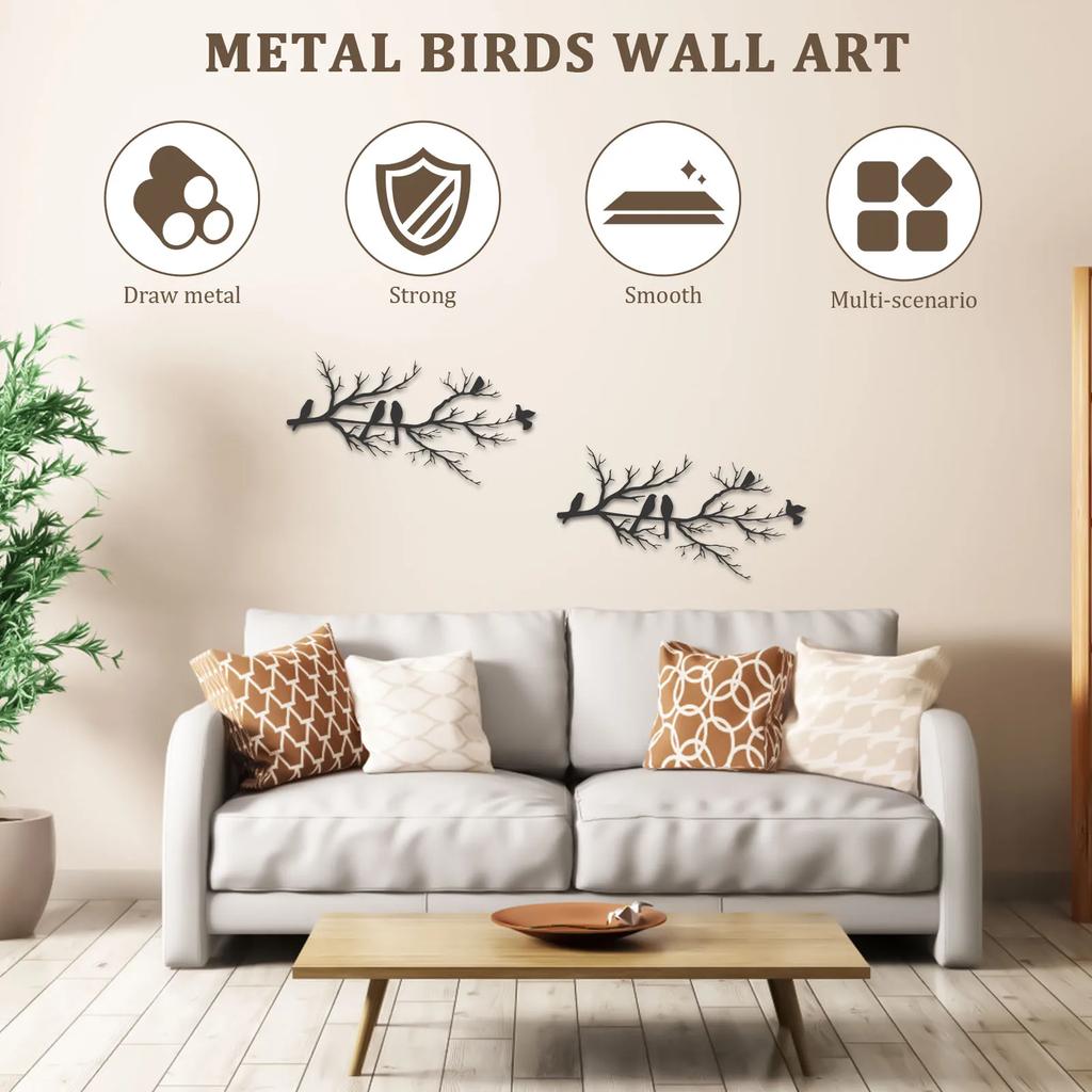 2Pcs Black Iron Branch Bird Style Wall Art Smooth Surface Branch Bird Silhouette Wall Decor for Home Balcony Garden