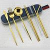 8pc Portable Shiny Gold Travel Flatware Set With Portable Blue Bag Stainless Steel Dinnerware Set Spoon Fork Knife Cutlery Set With Chopsticks Straws