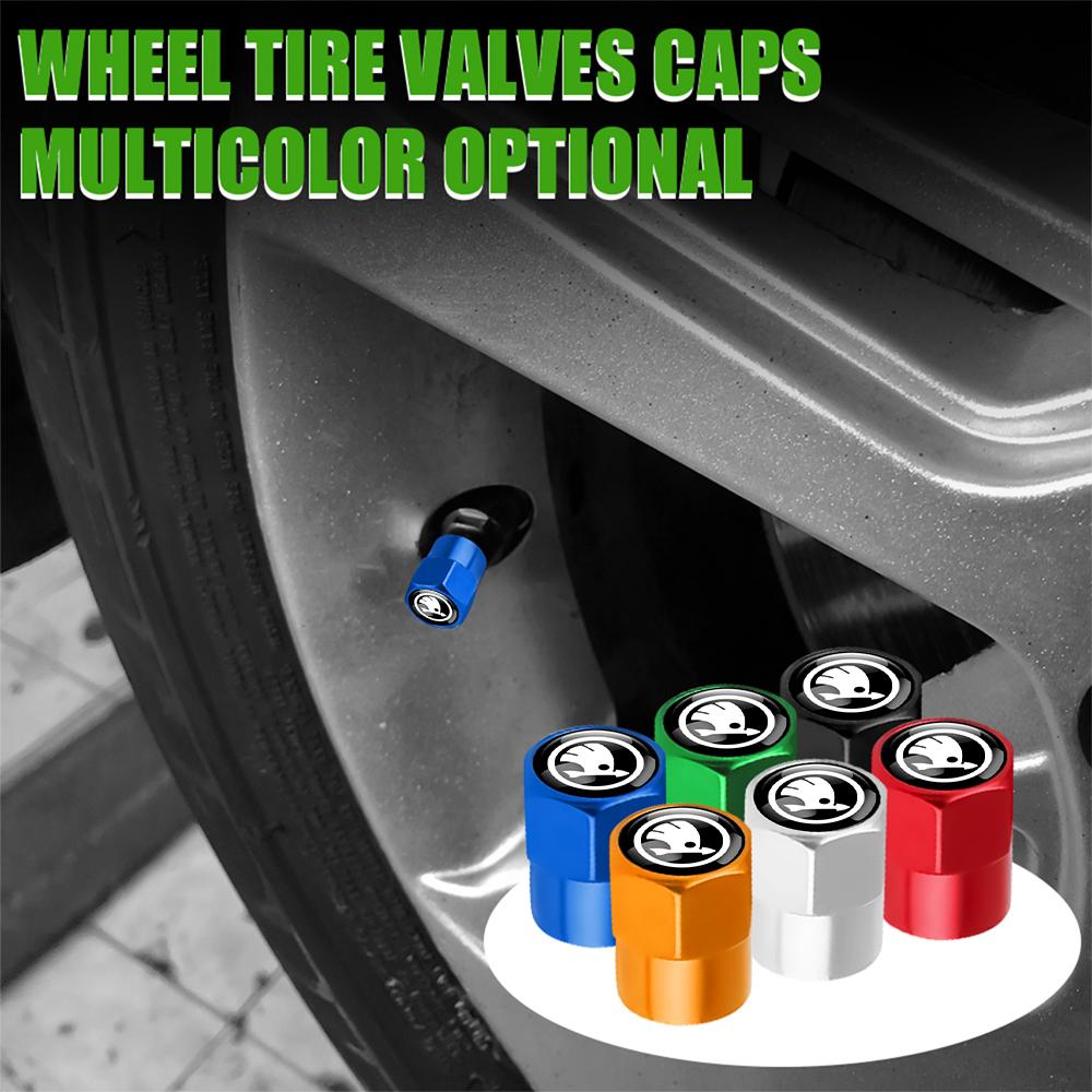 WOHE7 4Pcs Metal Car Wheel Tire Air Valve Dust Caps Rim Accessories For Skoda Kodiaq Octavia Fabia Karoq Enyaq Kamiq Superb Scala VRS