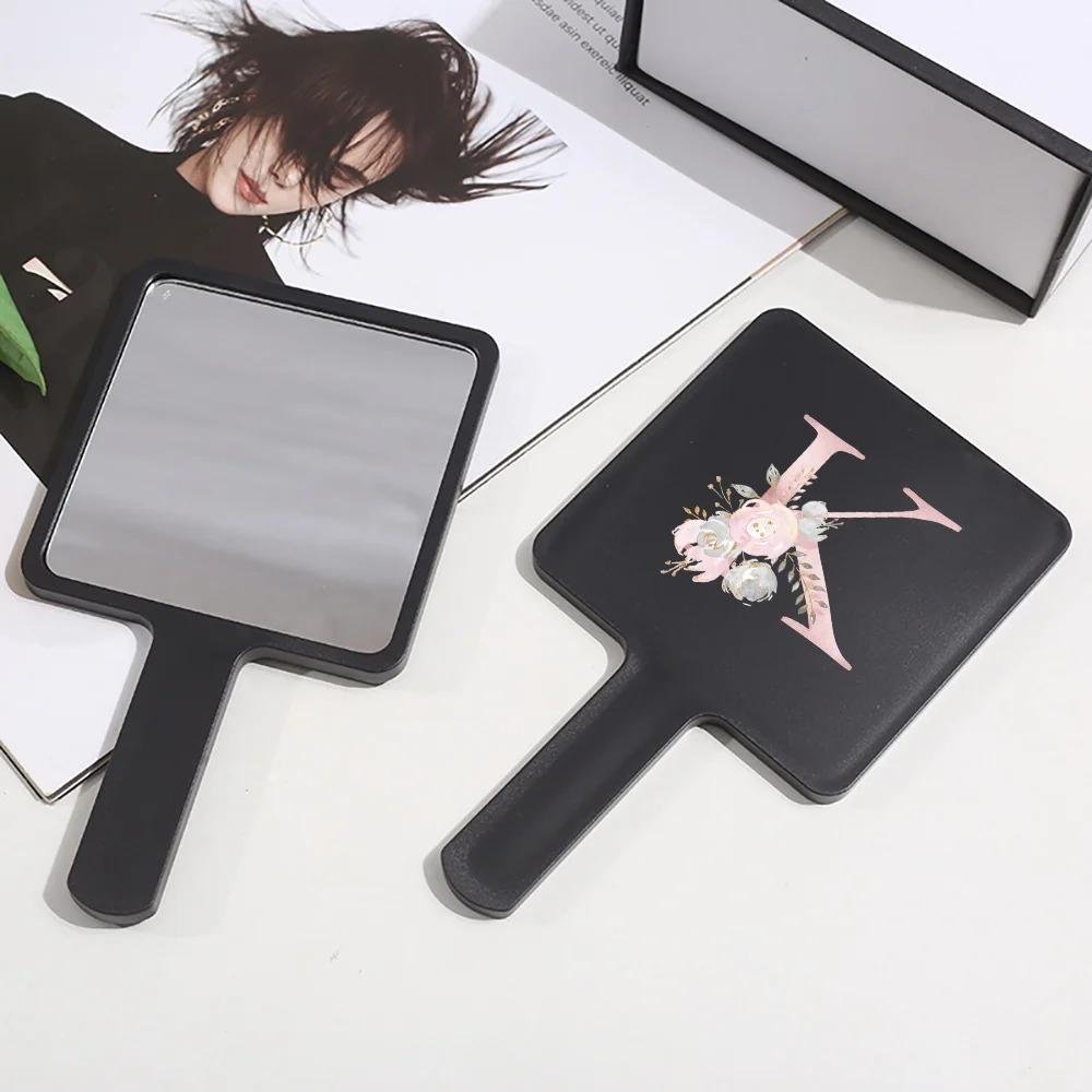 1pc Square Handheld Women Travel Makeup Mirror Chic Handle Dual-Use Desktop Personalized Gift Initial Name 26 Letters Pattern
