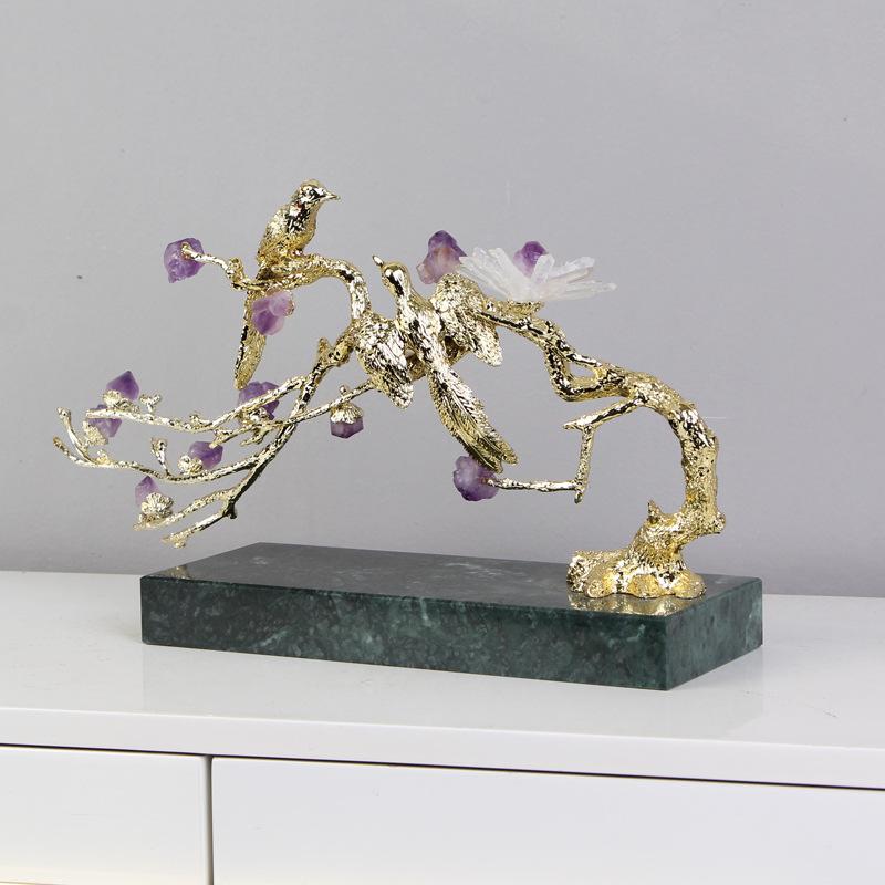 Amethyst Tree Golden Tree Metal Handicraft Crystal Sculpture Handmade Crystal Statue Metal Decorative Figurines Home Decoration