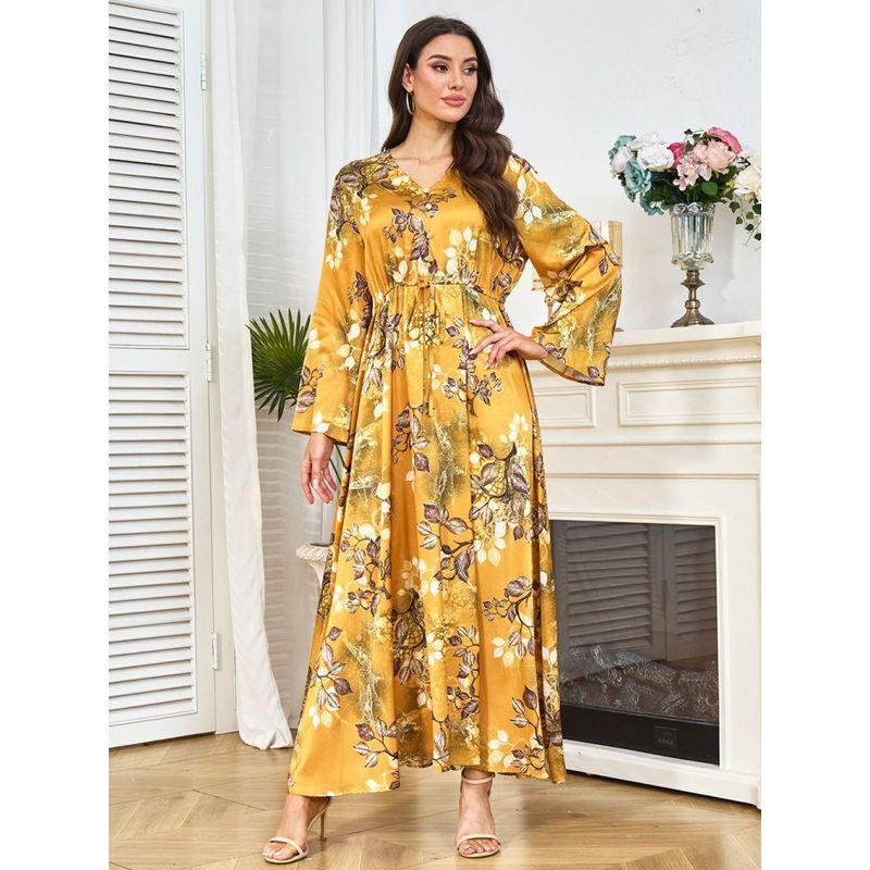 2025 Middle East Robe New Print European and American Yellow Waist Hugging Slimming Long sleeve Big Hemline Dubai Dress Dress